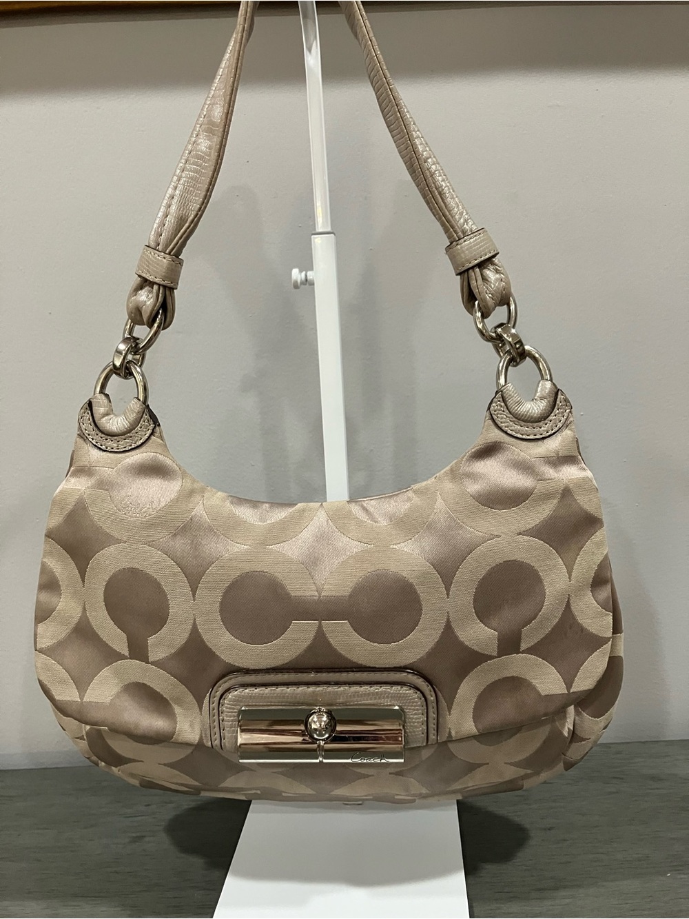Coach Beige Signature Jacquard Shoulder Hobo